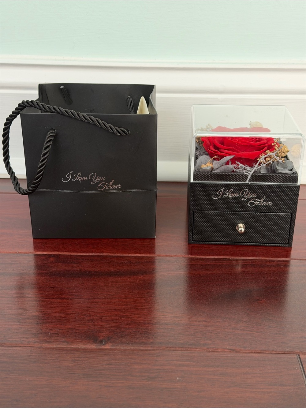 Black 'I Love You Forever' Gift Bag & Acrylic Rose Box with Red Rose